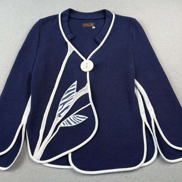 Tivoli Knit Jacket Women’s Small‎ Blue White Asymmetrical Floral Button V Neck - Picture 6 of 16